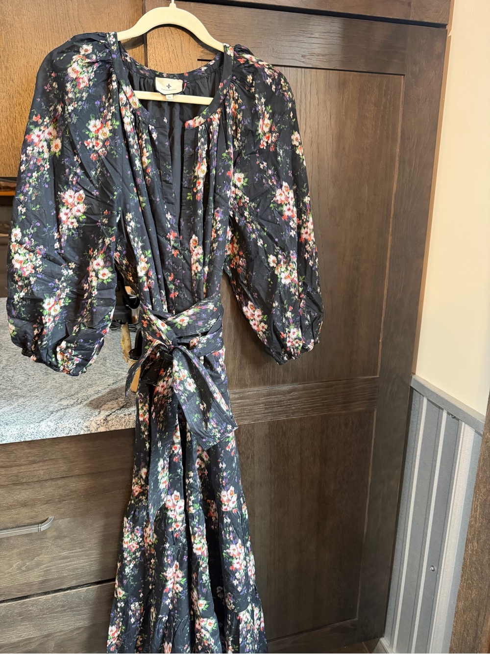 Tuckernuck Black Floral Puff-Sleeve Maxi Dress with Waist Tie
